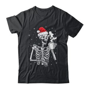 Coffee Drinking Skeleton Christmas Skull Santa Hat Xmas