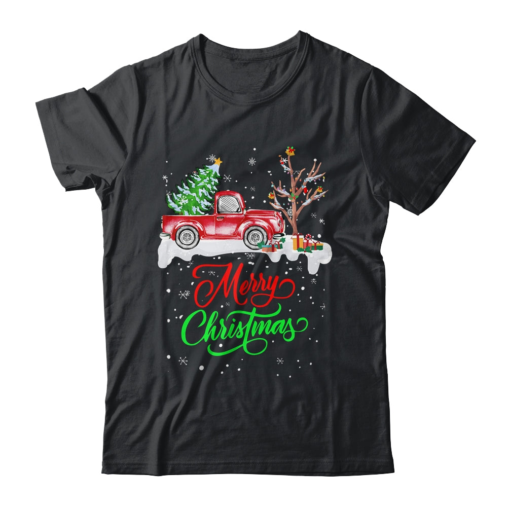 Merry_Christmas_Red_Truck_Christmas_Tree_Lights_Snow_Classic_T-Shirt_Black.jpg