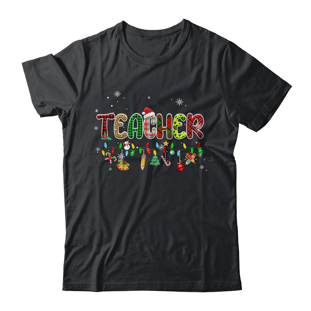 Teacher_Christmas_Books_Santa_Leopard_Plaid_Cakes_Xmas_Classic_T-Shirt_Black.jpg