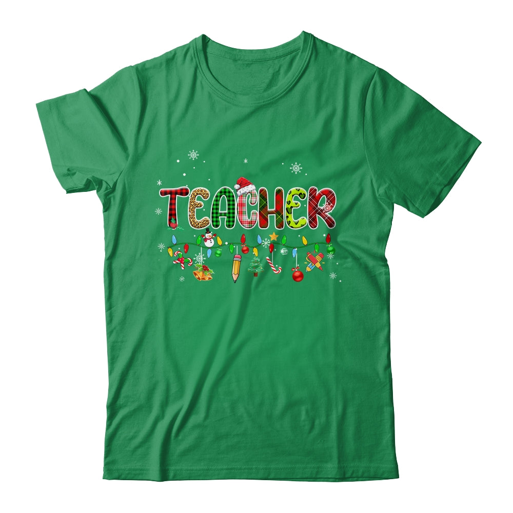 Teacher_Christmas_Books_Santa_Leopard_Plaid_Cakes_Xmas_Classic_T-Shirt_Irish_Green.jpg