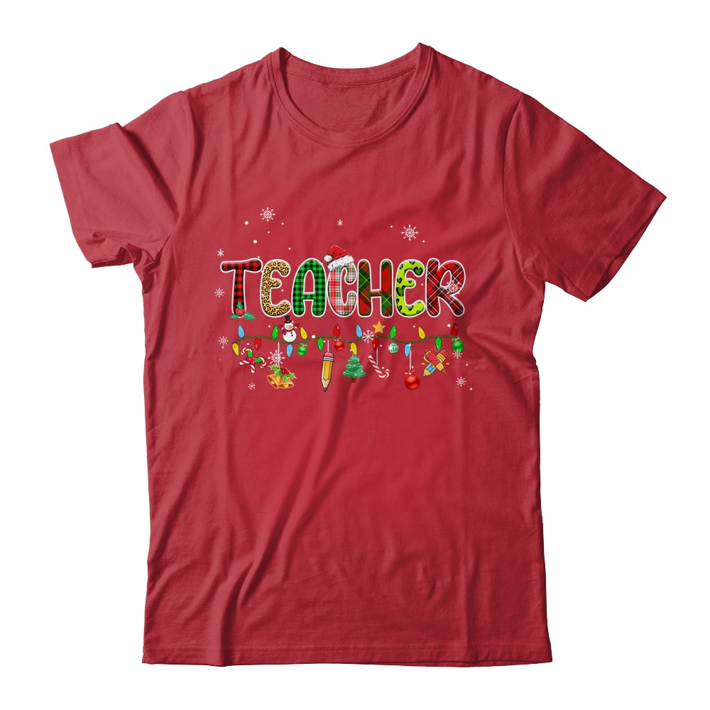 Teacher_Christmas_Books_Santa_Leopard_Plaid_Cakes_Xmas_Classic_T-Shirt_Red.jpg